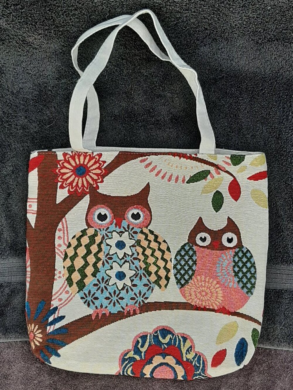 Owl Tote Bag Lined Zipper Closure 16" x 17" x 3.5"